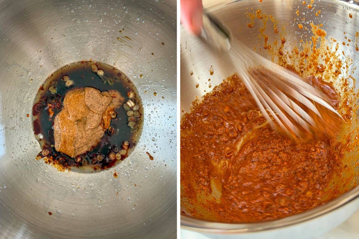 Whisk the chili-crunch almond butter in large bowl.