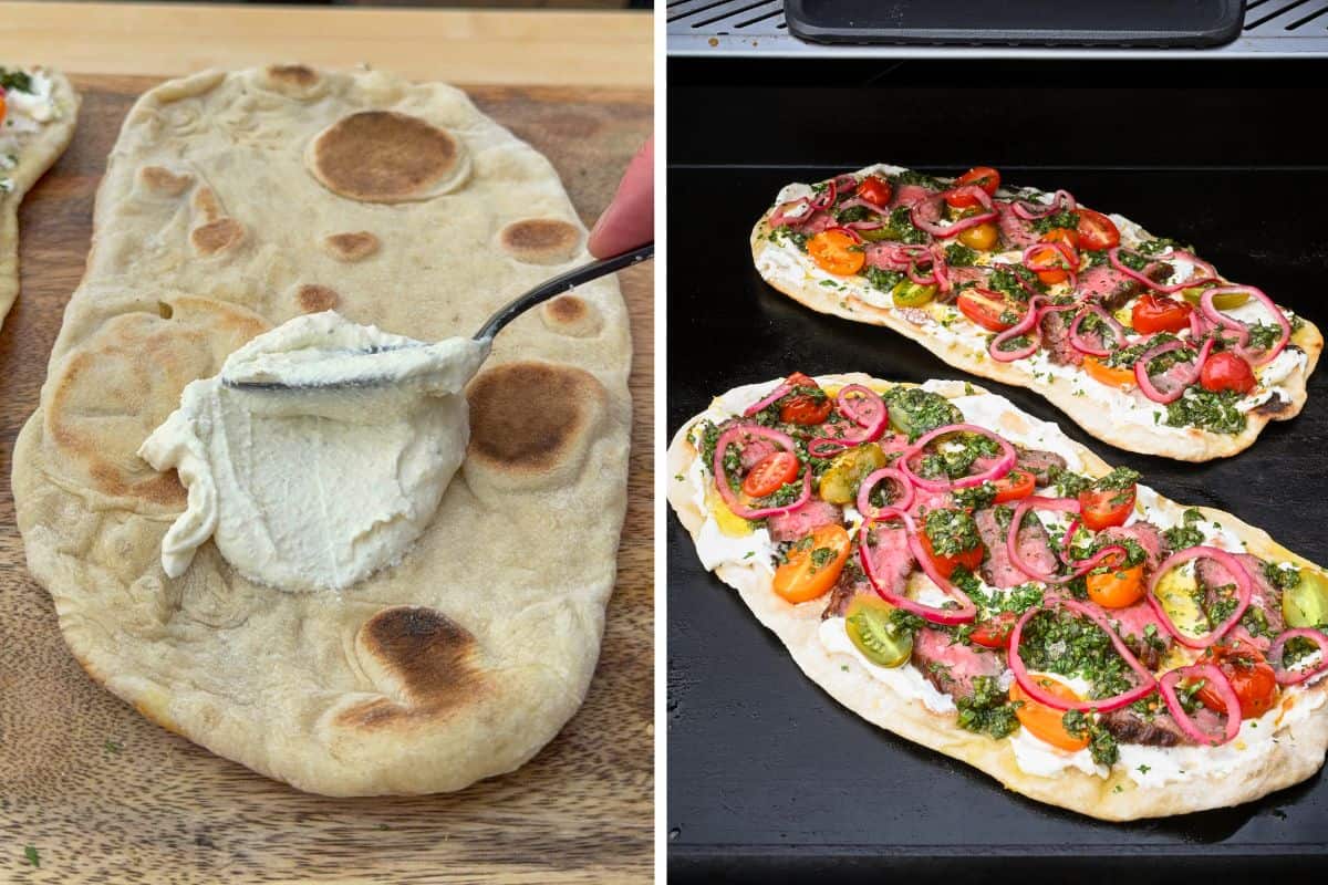 Add a layer of the whipped feta to the flatbread, then add the steak, onions, tomatoes and chimichurri.