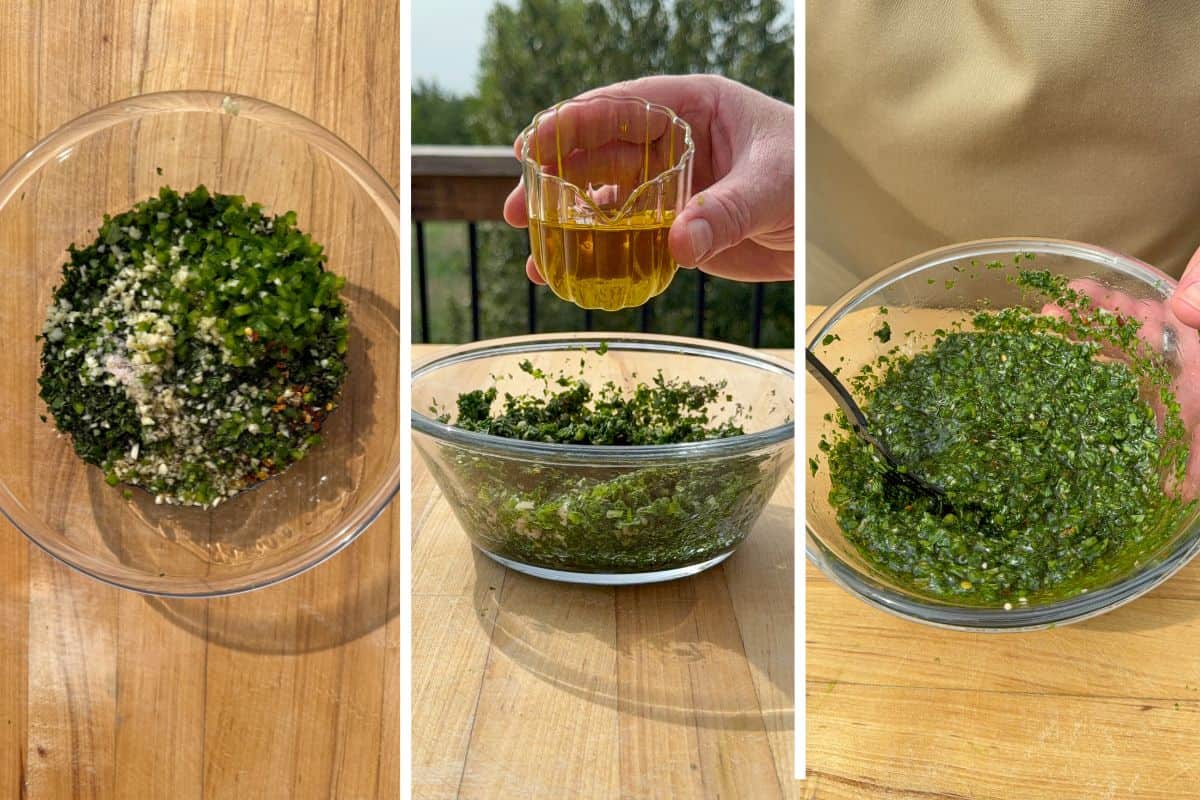 Shows the steps on how to make chimichurri.