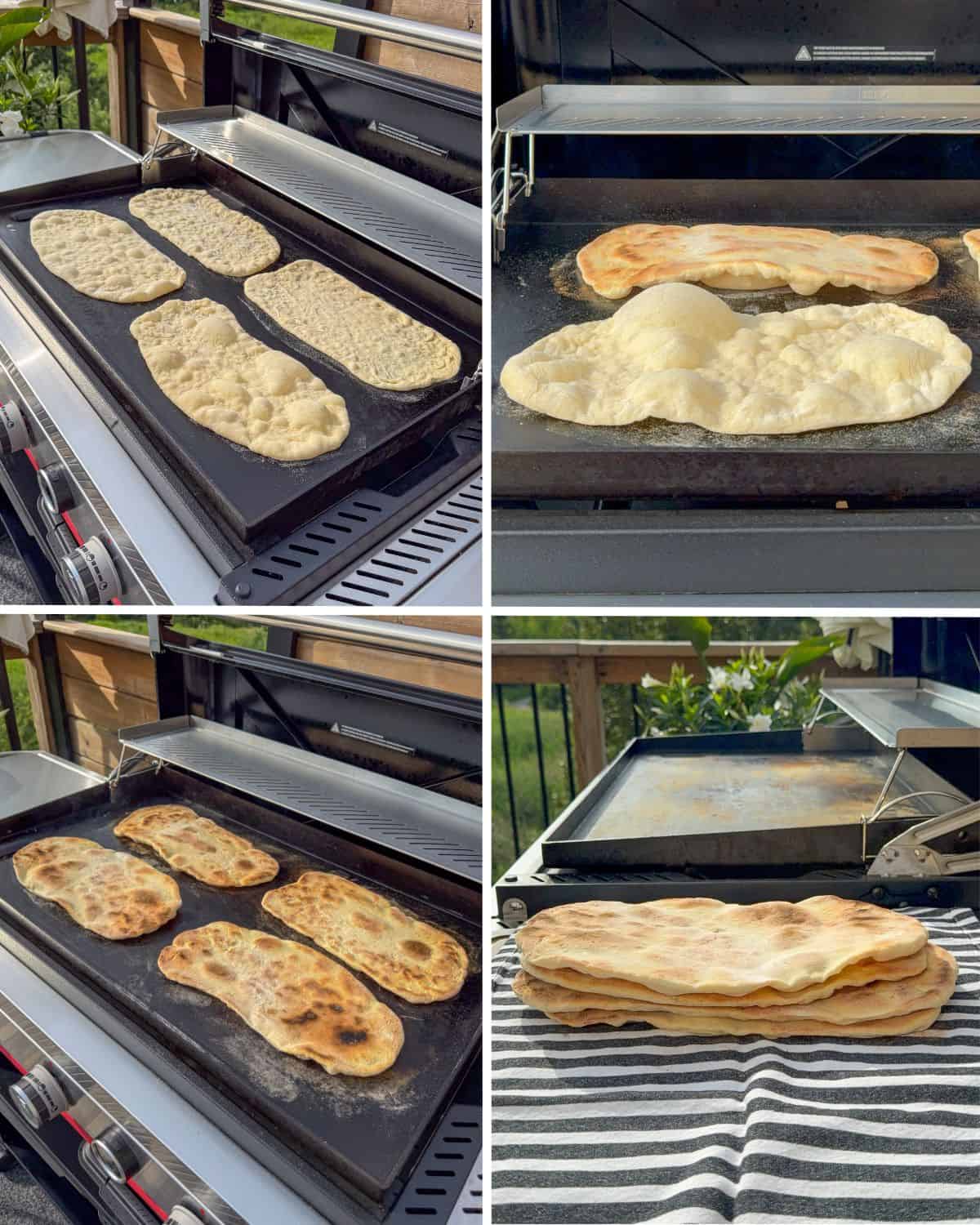 This shows how four flatbreads are cooked on a griddle, then kept warm wrapped in a tea towel.