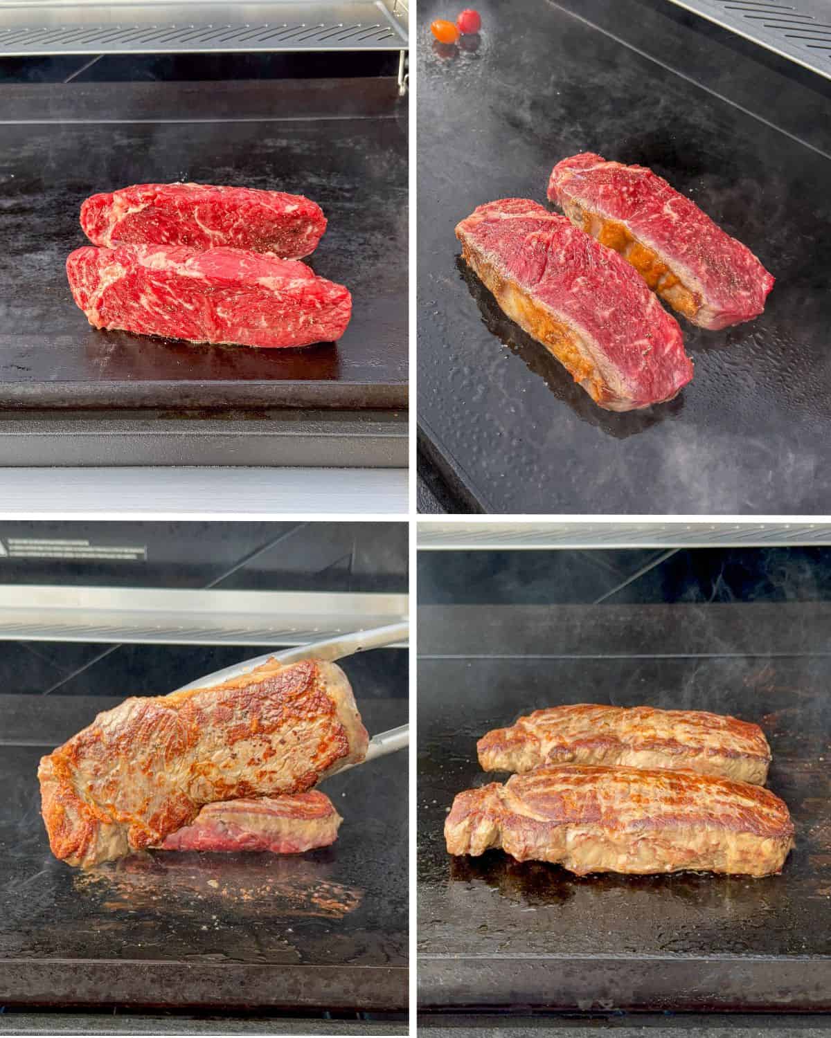 This shows how to cook two sirloin steaks on a griddle.