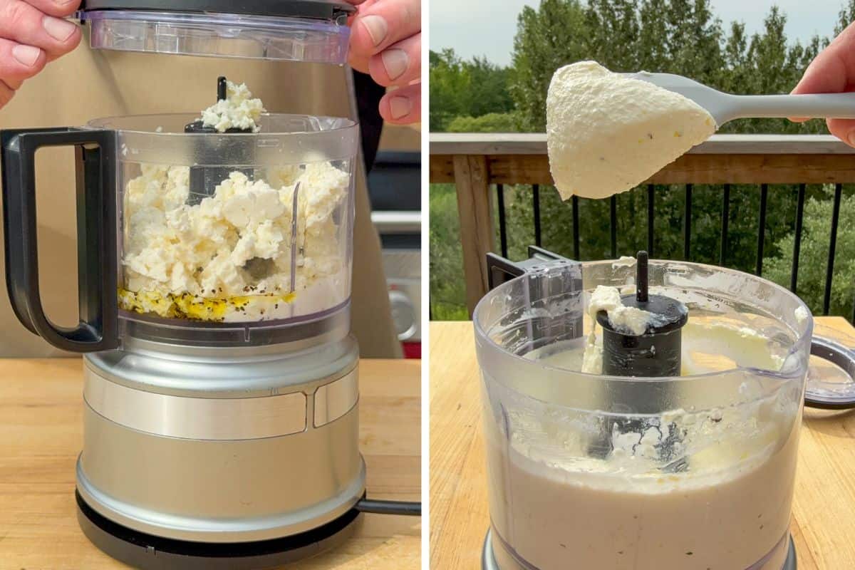 Whip the feta ingredients in a mini food processor until smooth.