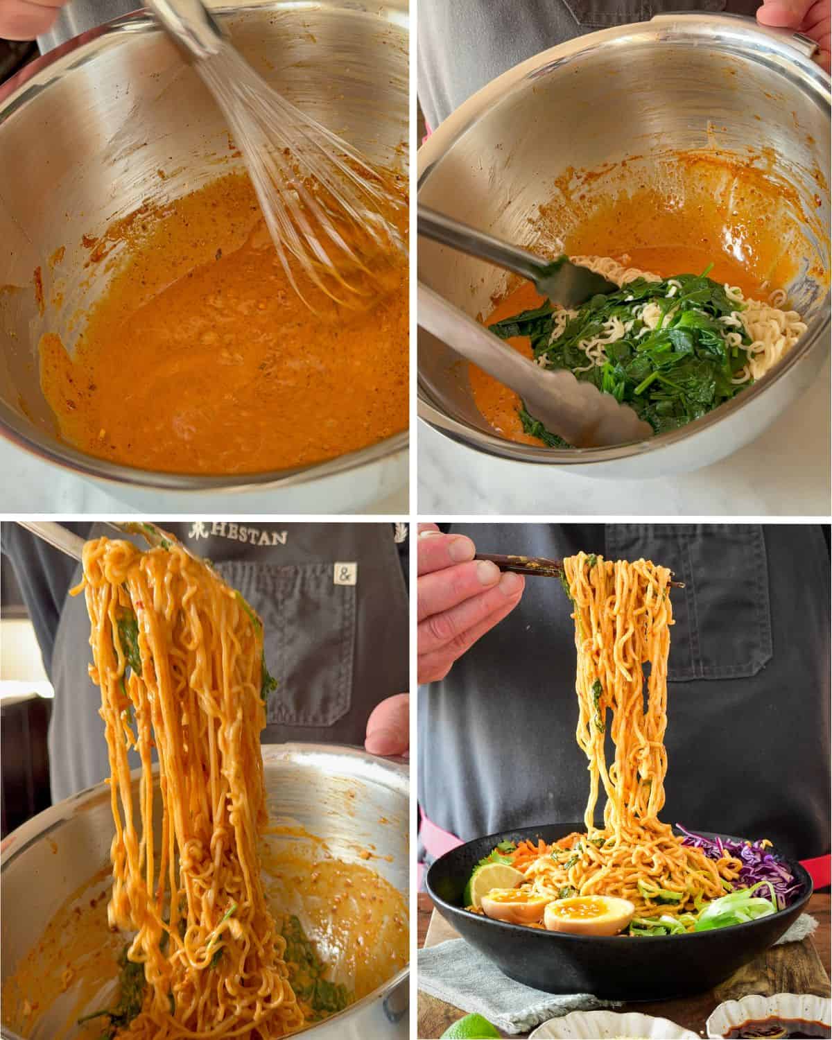 Sauce the noodles and spinach, then divide and assemble the bowls with the fresh ingredients.