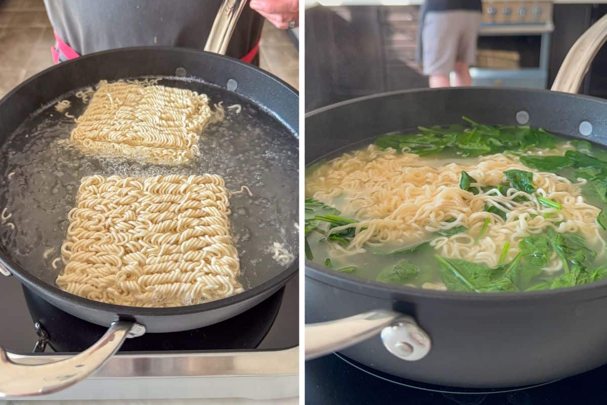 Boil two instant ramen noodles, then add the spinach to the water to wilt.