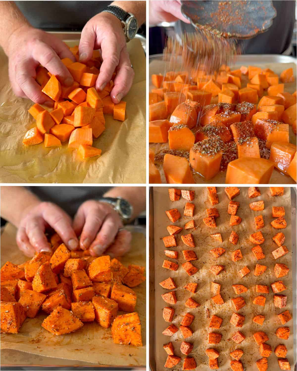 Cube, season and roast the sweet potatoes on a sheet pan.