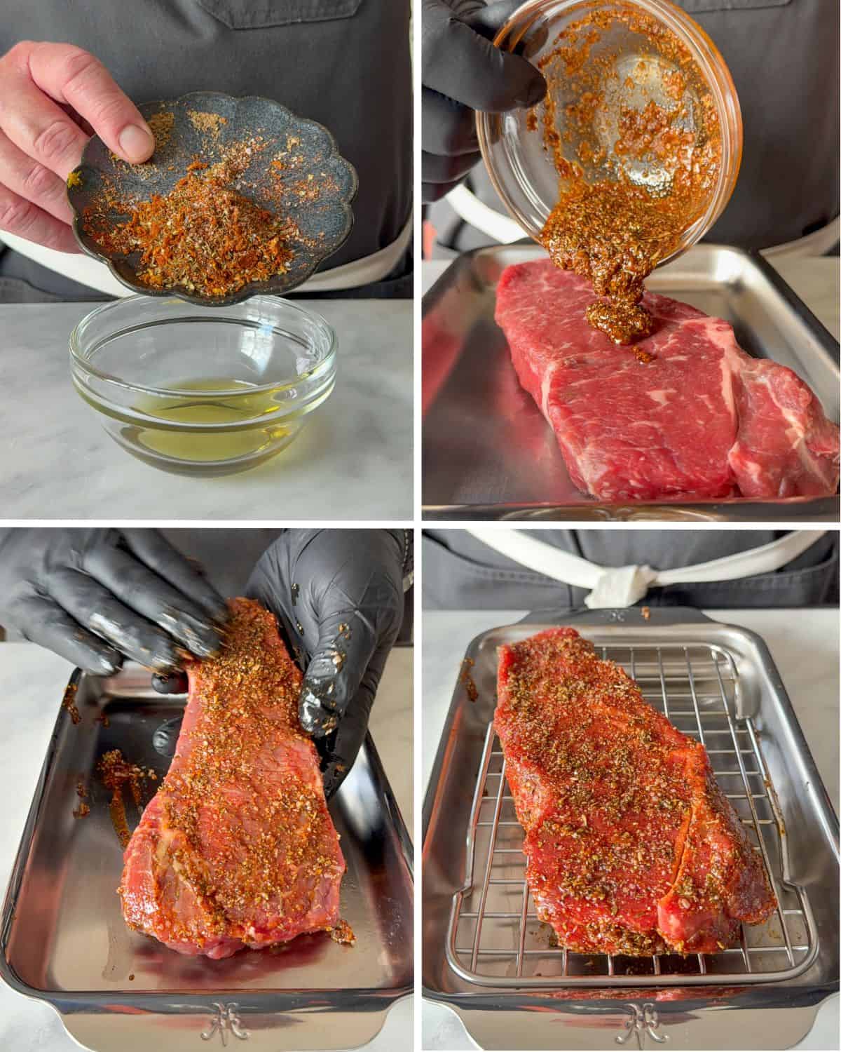 Bring the steak to room temperature and season it before cooking.