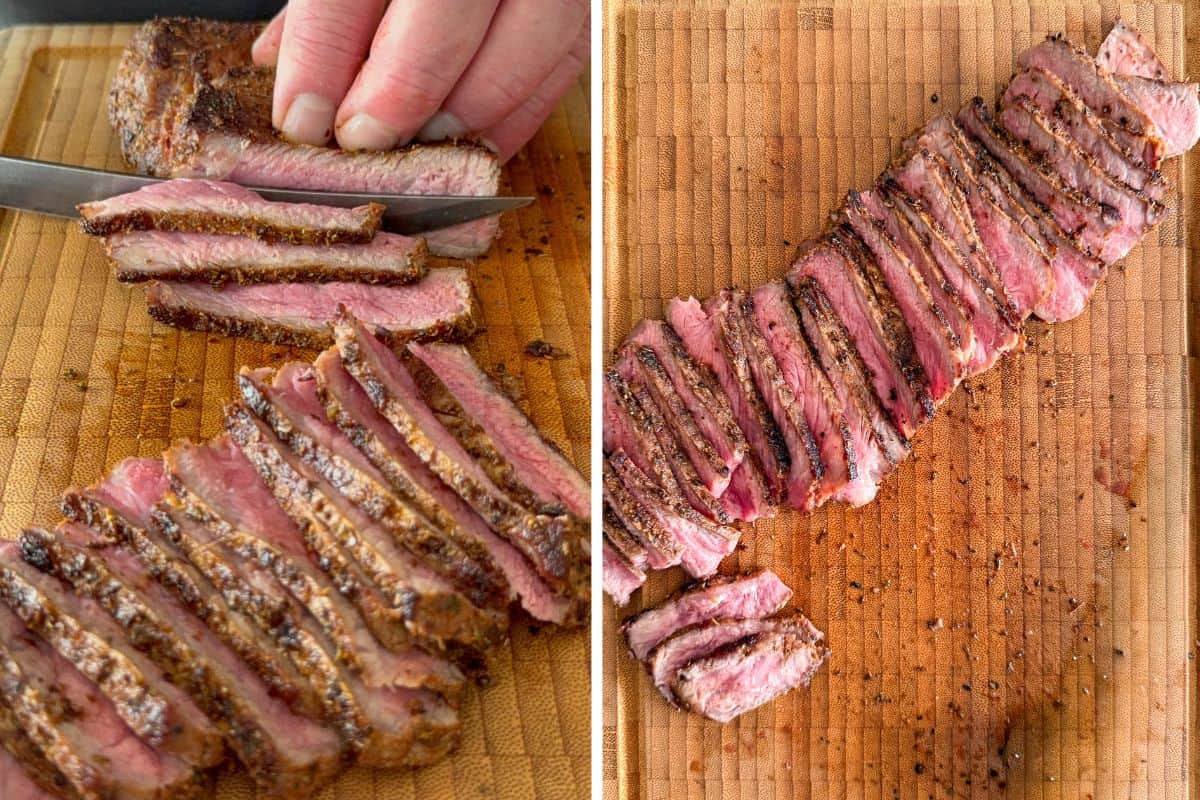 This shows slicing the striploin steak across the grain.