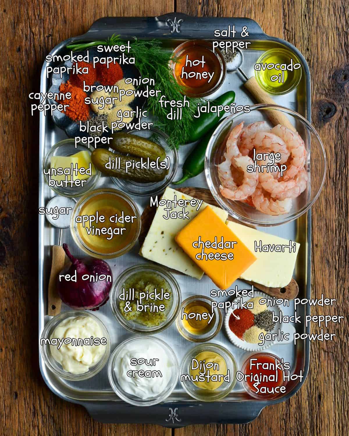 Ingredients for a Nashville Hot Honey Shrimp Nachos with Pickle Crema recipe.