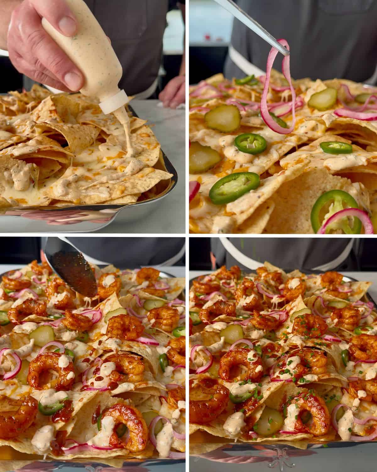 This shows the steps on how to assemble the Nashville hot honey shrimp nachos.