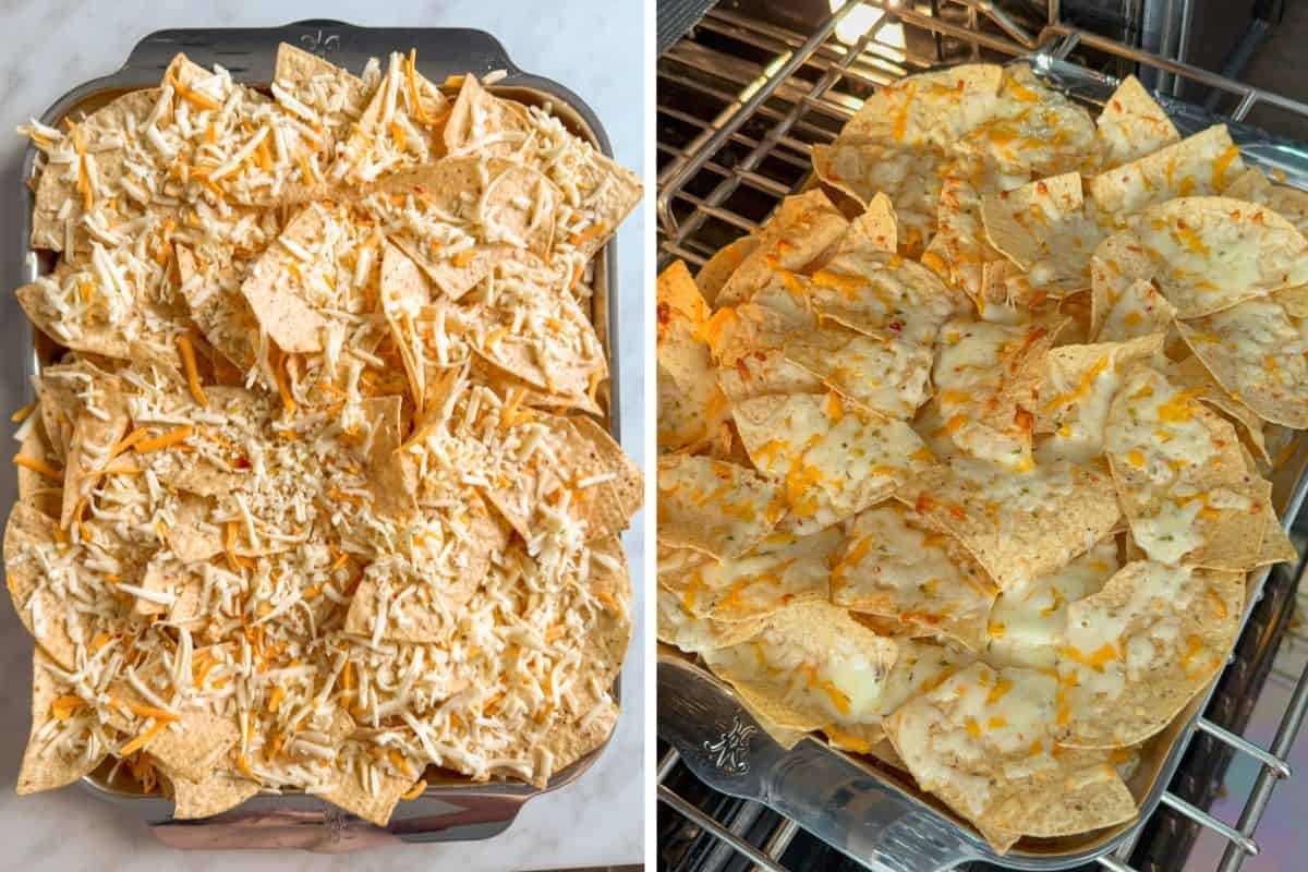 Bake the nachos with cheese.