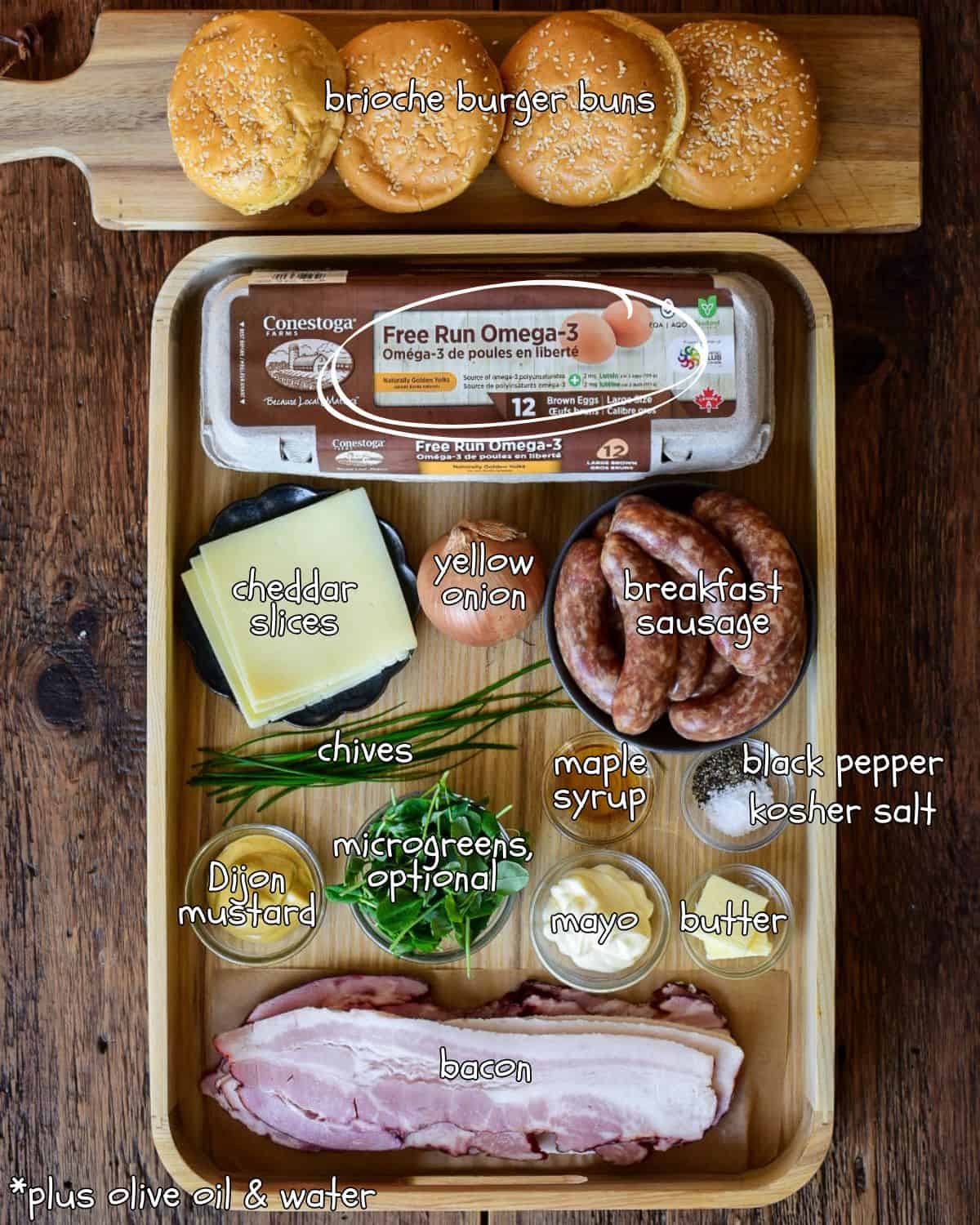 Ingredients for a breakfast burger recipe.