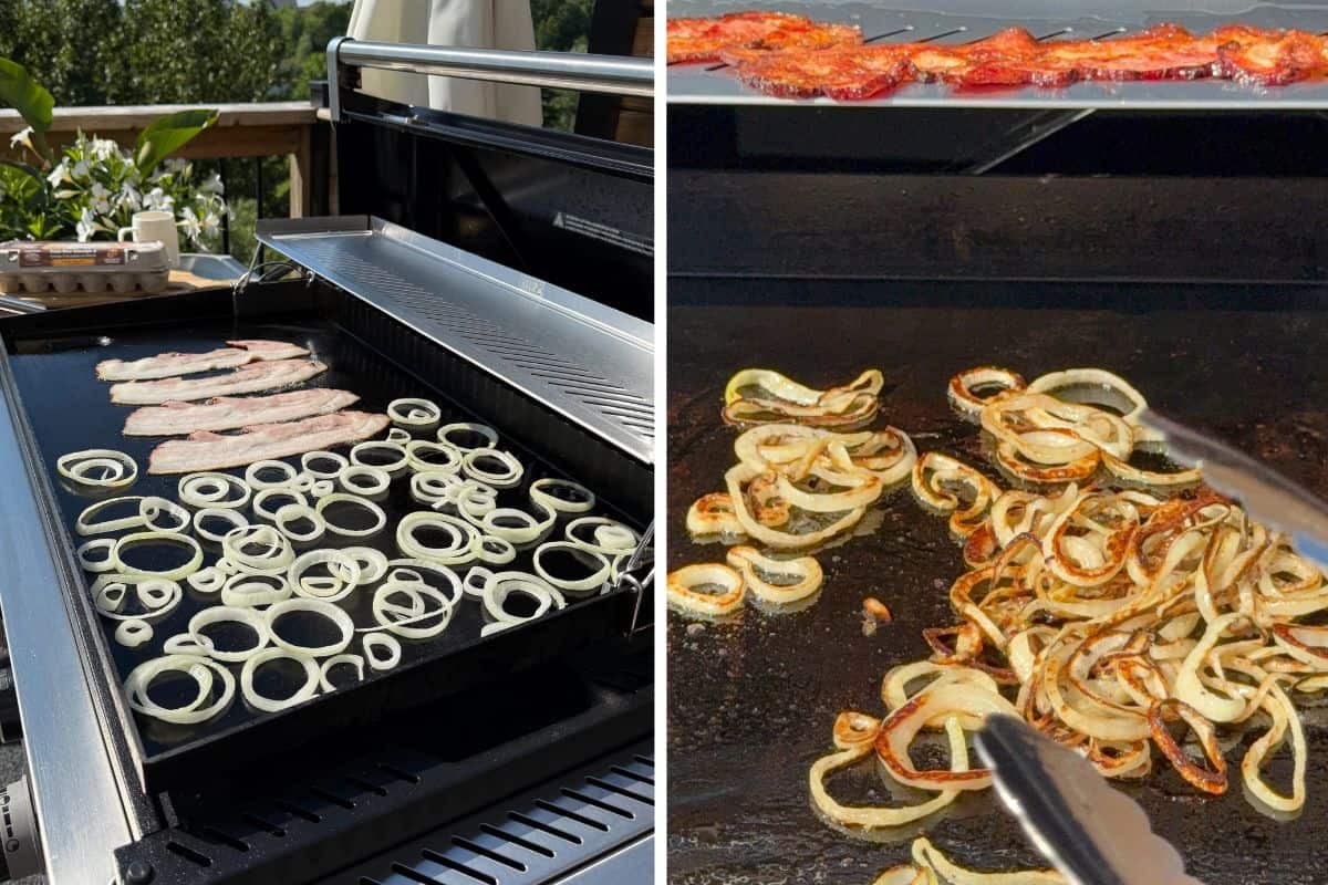 Griddle the bacon and the onions.