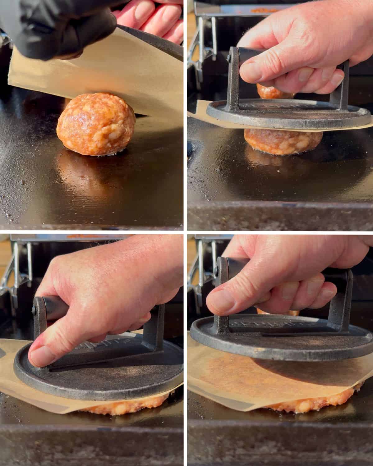 Place a small piece of parchment paper over a sausage ball, then use a heavy burger press or firm spatula to press down completely flat and thin.