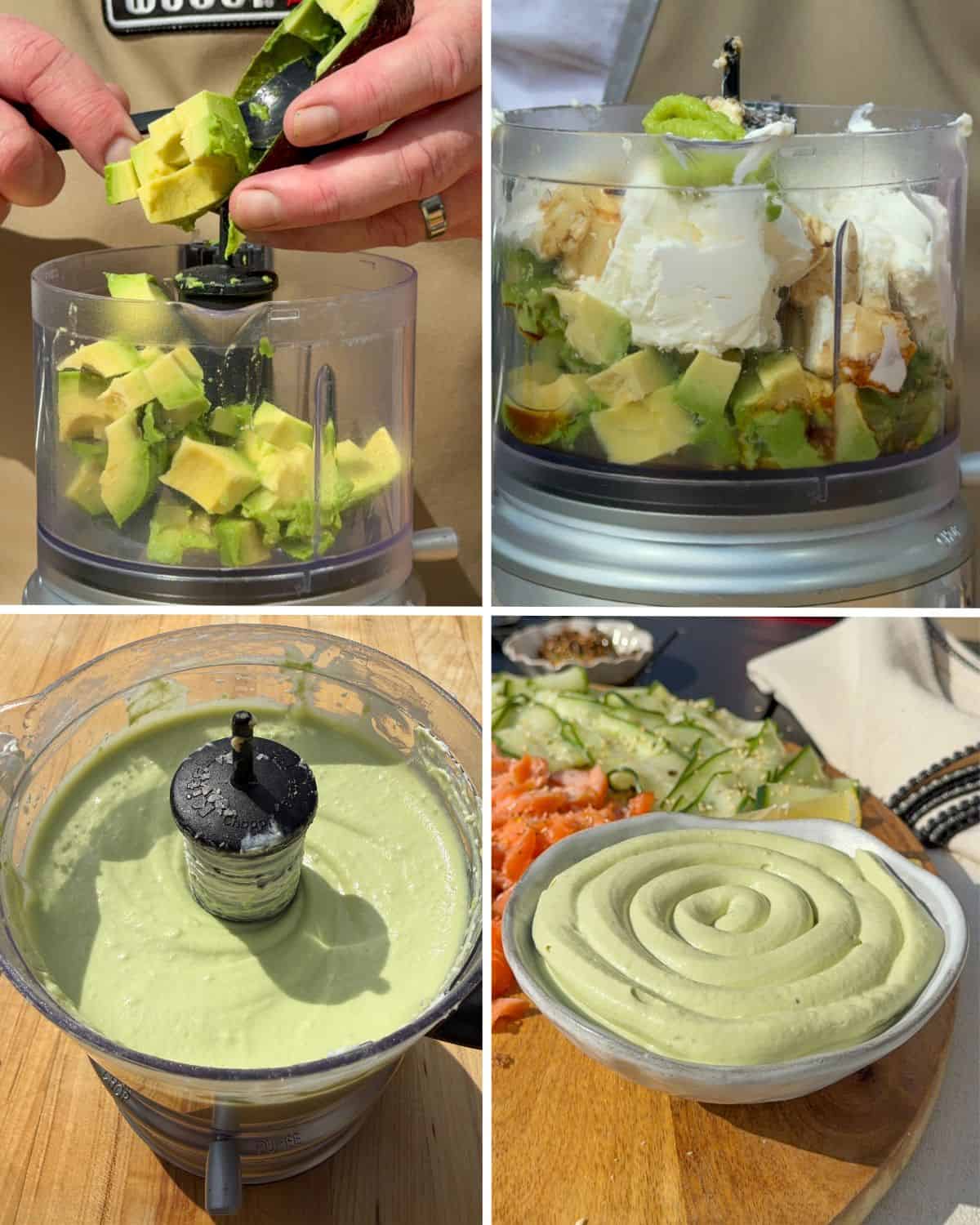 Show the stages of making the avocado soy-lime cream cheese from blending to piping it into a bowl.