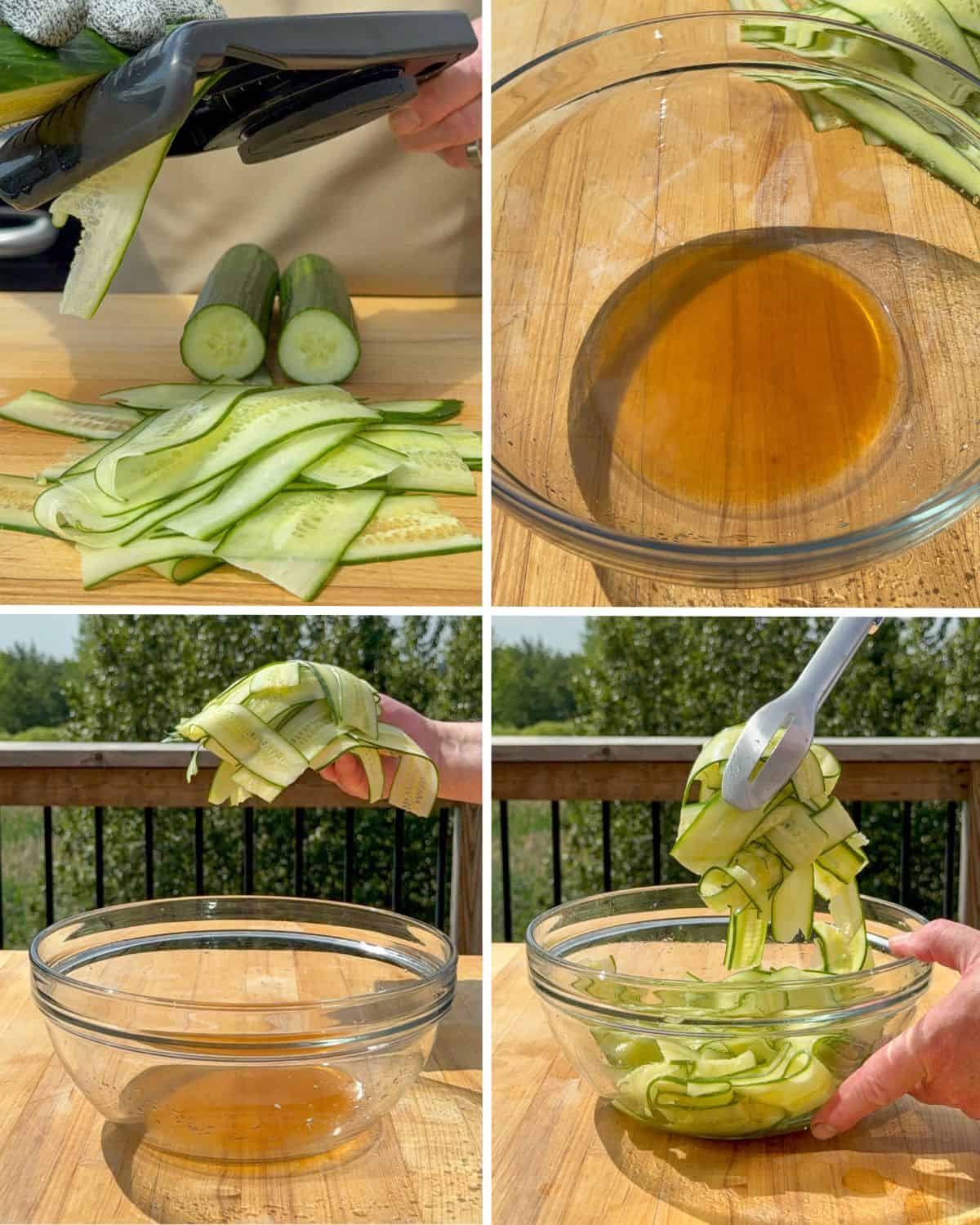 Make the quick pickled cucumbers by slicing the cucumbers thinly, then mixing them with the quick pickle ingredients.