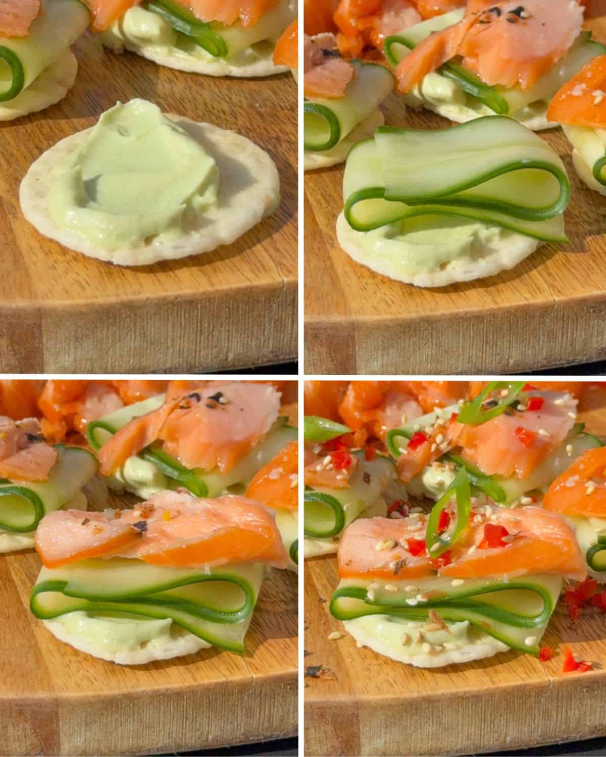 Build each bite with a rice cracker, a spread of avocado cream cheese, a ribbon of pickled cucumber, a flake of smoked salmon, furikake, chopped red chilies, green onion, and a fresh squeeze of lime.