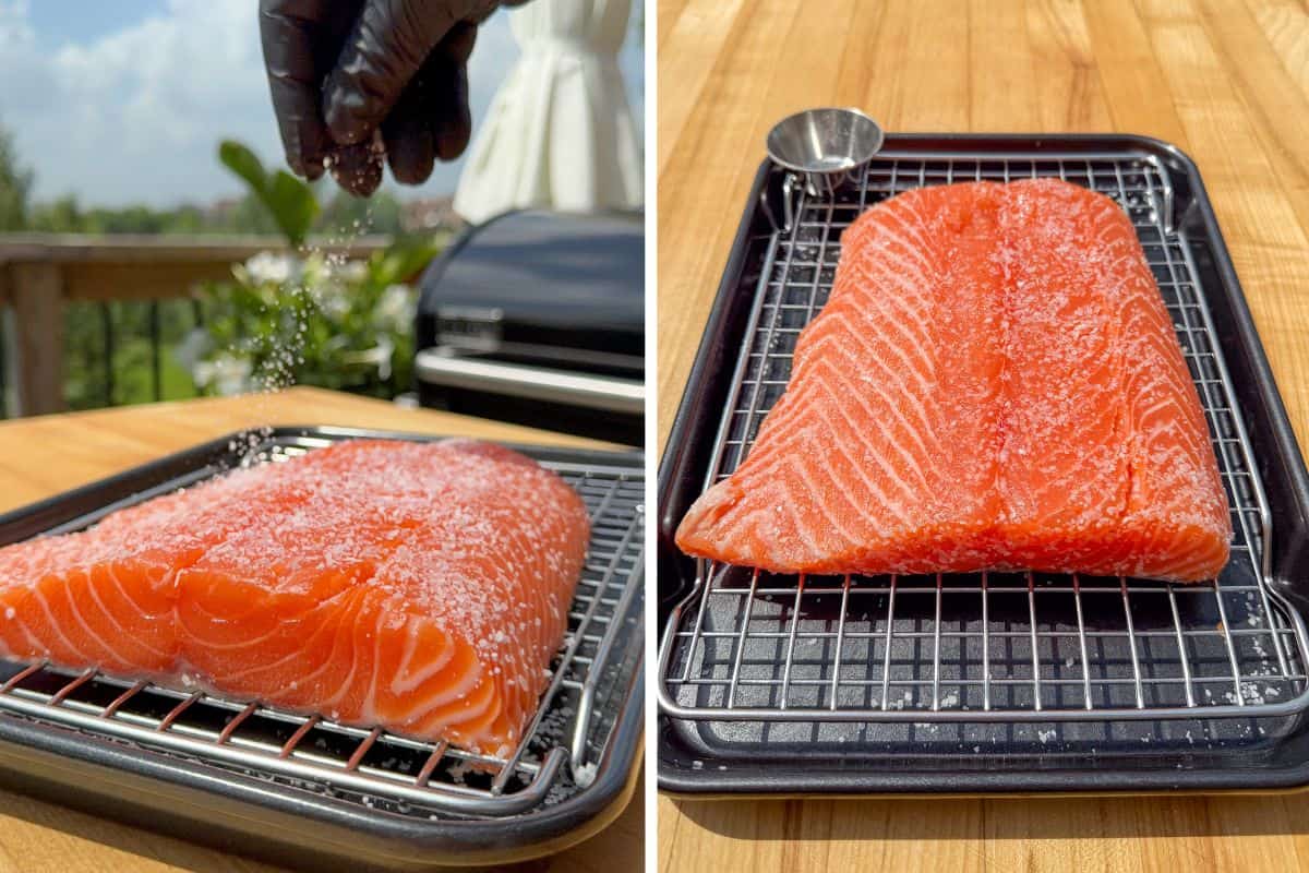 Dry-brine the salmon with salt and let it sit on a rack over a sheet pan.