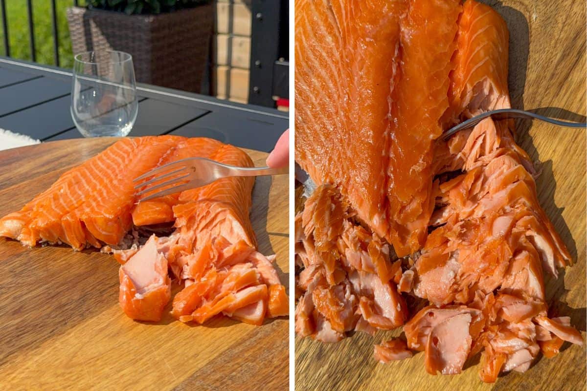 Flake the smoked salmon with a fork.