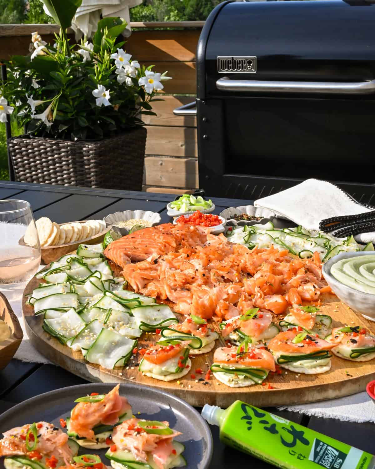 Smoked salmon recipe made on the Weber Smoque Pellet Grill and served on a platter with Japanese flavours.