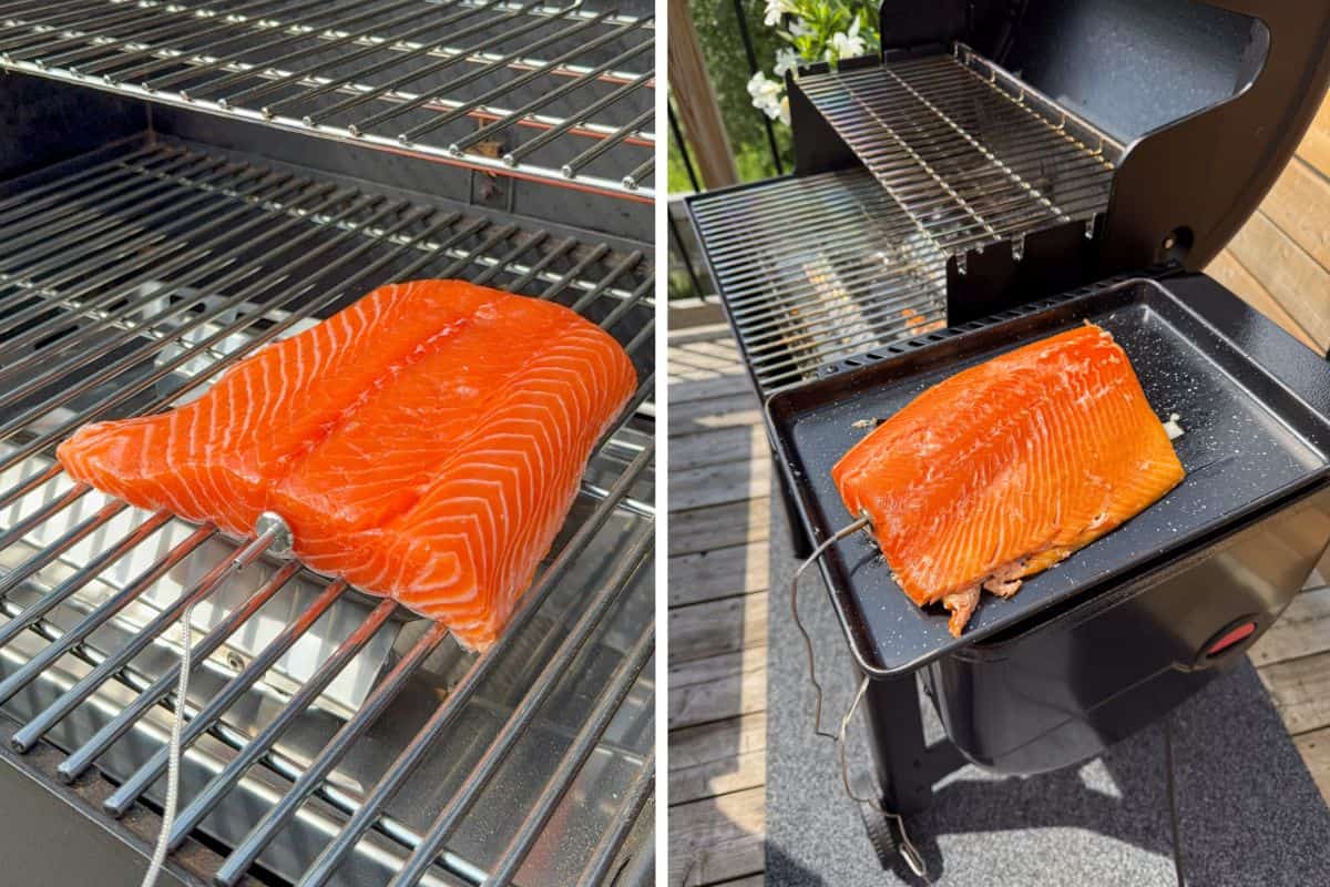 Salmon on the smoker, before and after.