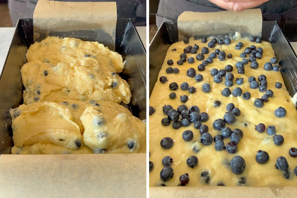 Gently transfer the batter into the prepared pan and level the top with a spatula. Scatter the reserved blueberries over the top.