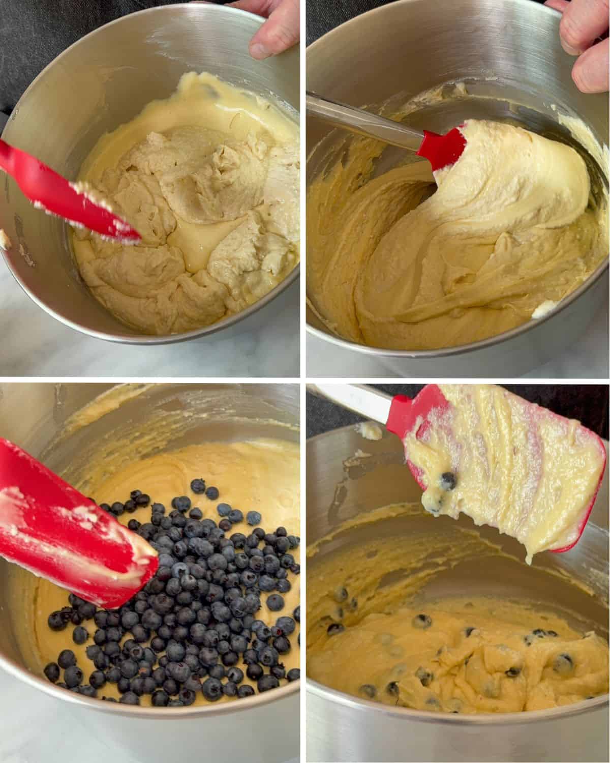 Pour the lightened ricotta mixture over the remaining main batter. Using a flexible spatula, fold gently from the bottom up. Finish the cake batter by gently folding in the wild blueberries.