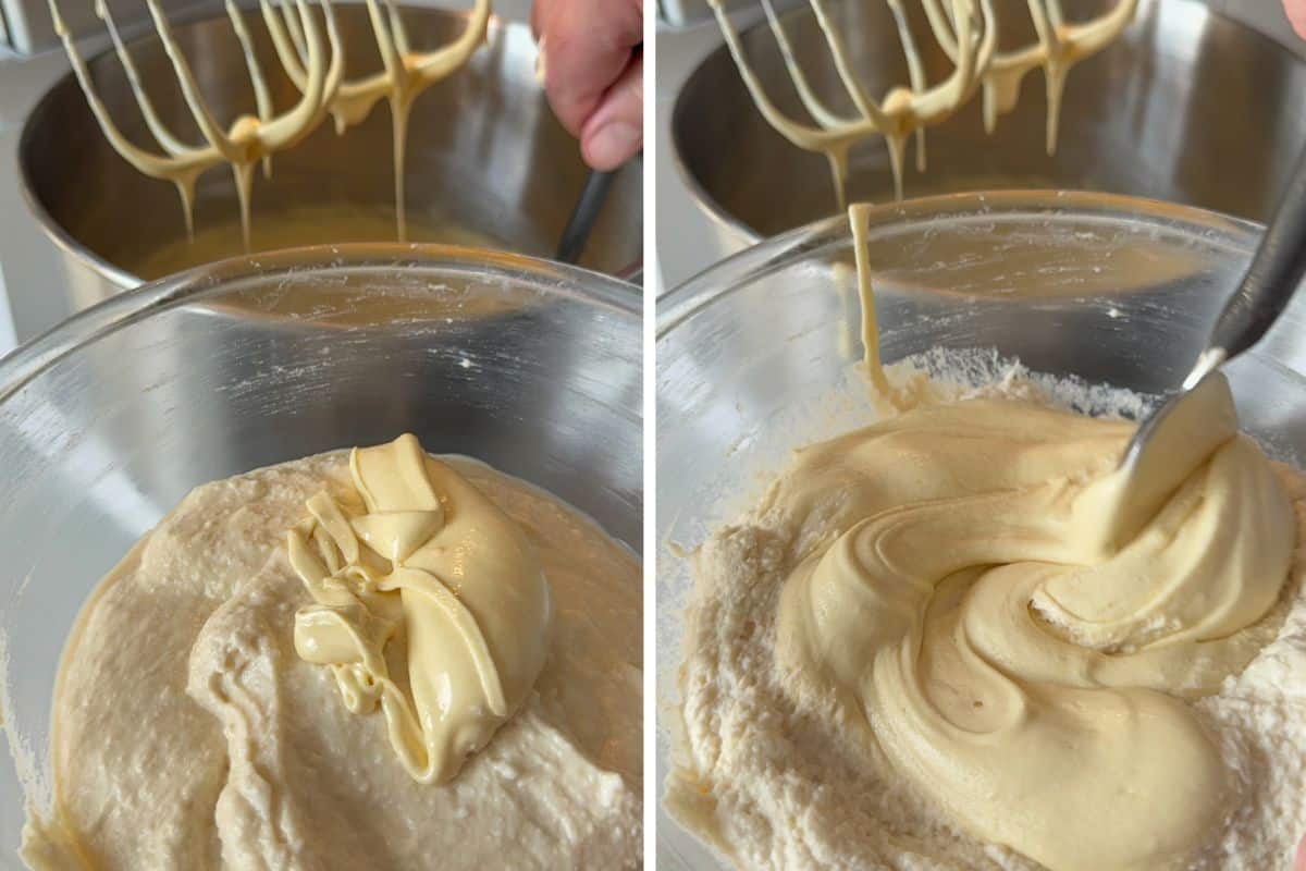 Transfer 1 cup of the flour-and-egg batter into the ricotta mixture and whisk until smooth. Add another ½ cup of batter and whisk gently.
