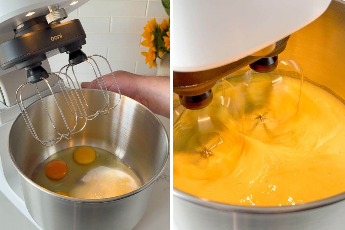 Whip the eggs and sugar until it reaches the ribbon stage.