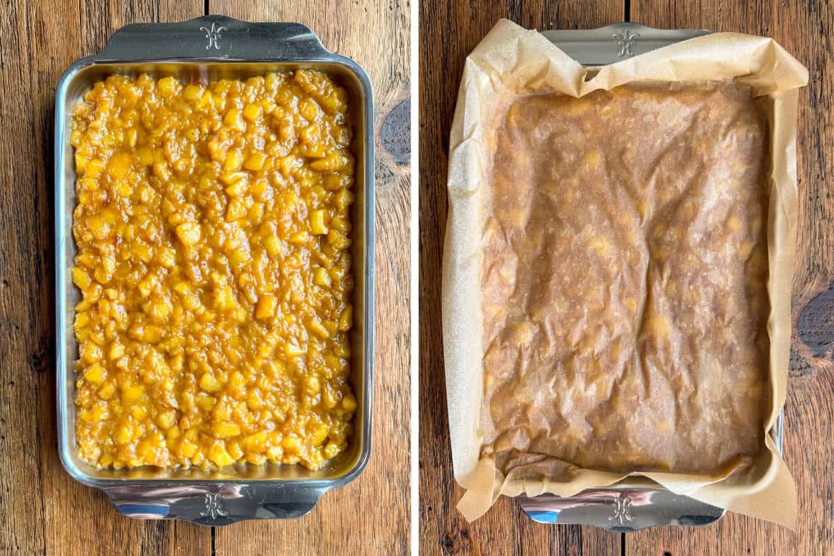Place the filling in a shallow tray to cool. Once cooled, cover with parchment paper.