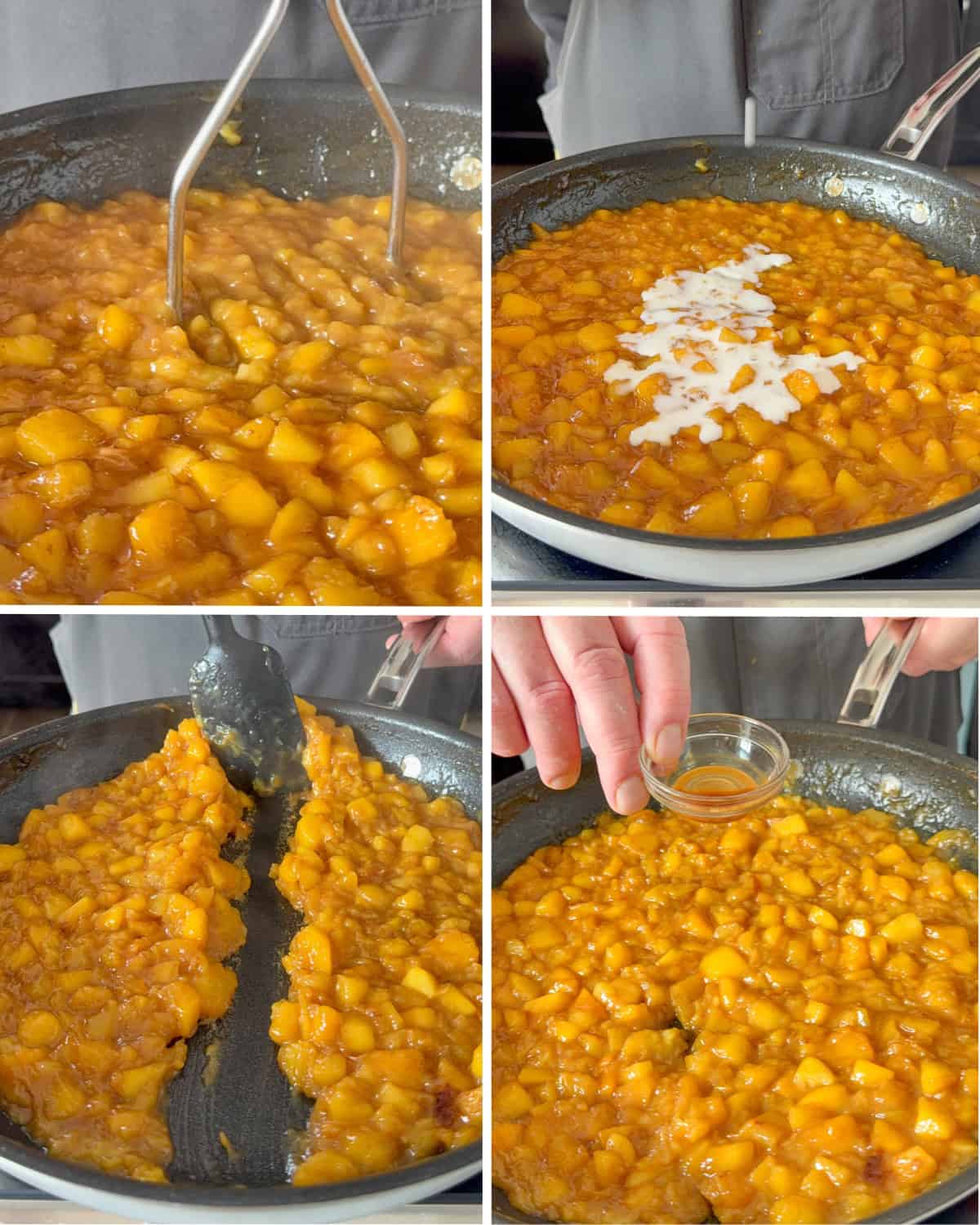 Mash one-third of the peaches in the skillet. Add the cornstarch and stir until thickened. Take the skillet off the heat and add the vanilla.