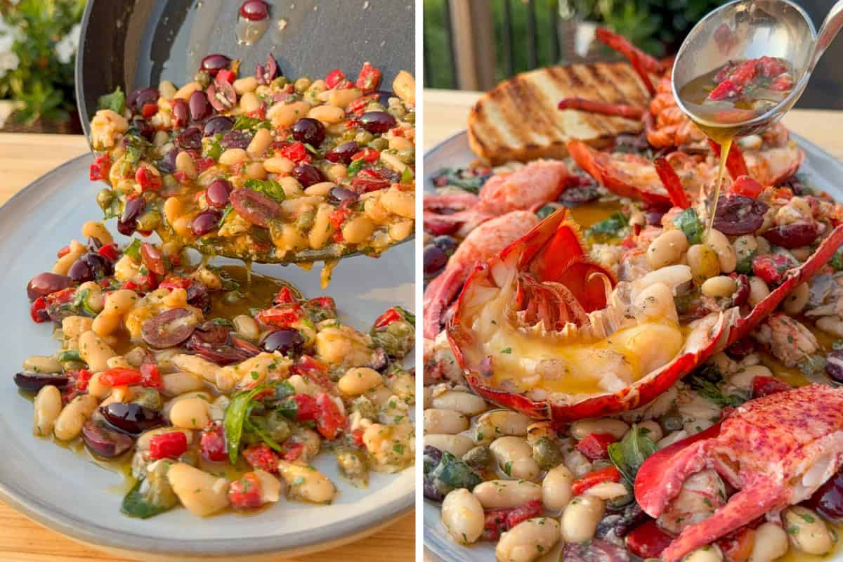 Pour the Mediterranean olive oil with beans over a large platter and place the charcoal-grilled lobster over. Drizzle the lobster with more oil.