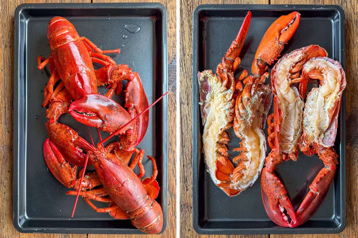 Two blanched lobsters before and after being cut down the centers into halves.