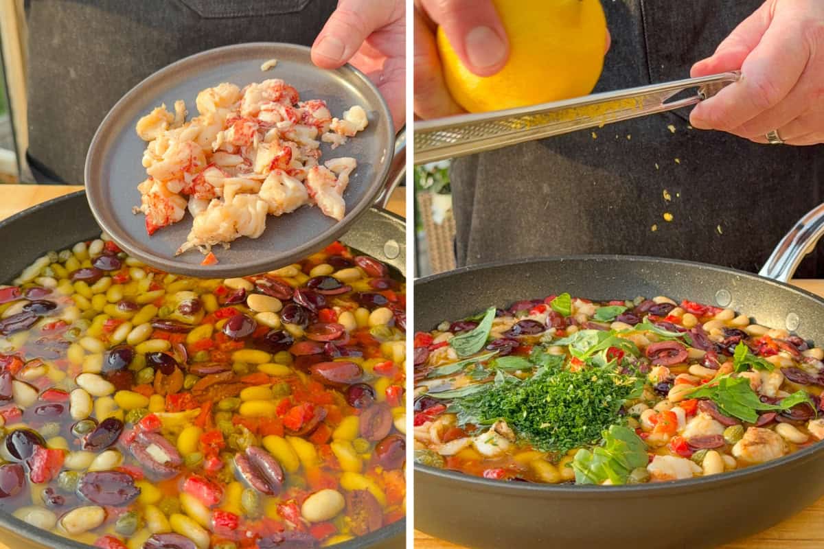 Add the charcoal-griddle lobster pieces, chopped herbs and zest into the garlic oil mixture.