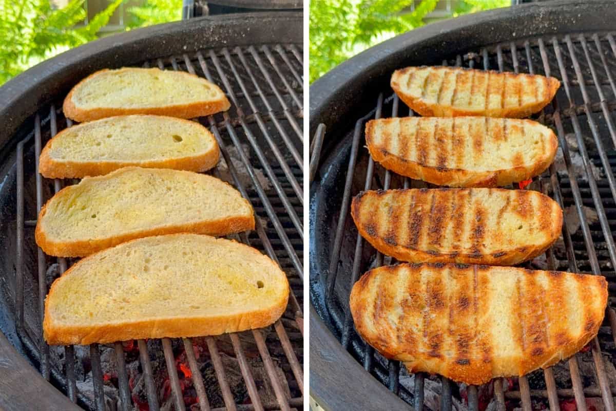 Four slices of sourdough bread being grilled on a charcoal bbq.