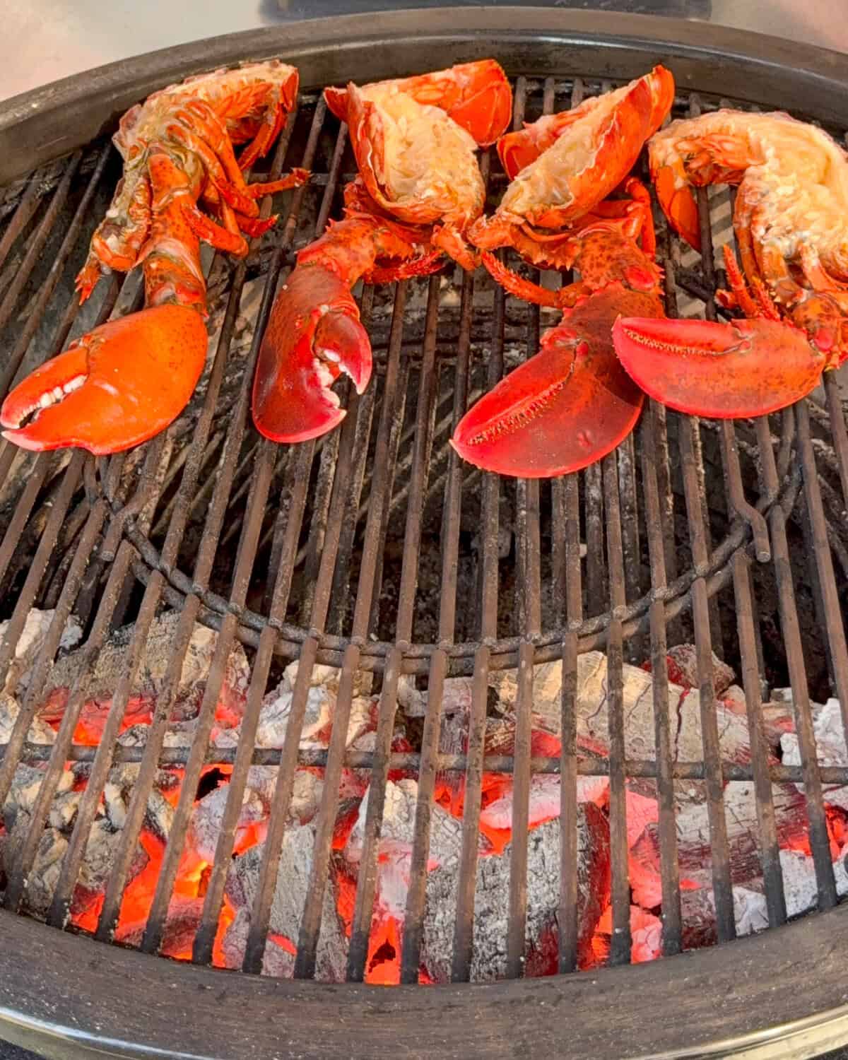 Place the four blanched lobster halves, shell-side down, over the indirect heat zone.