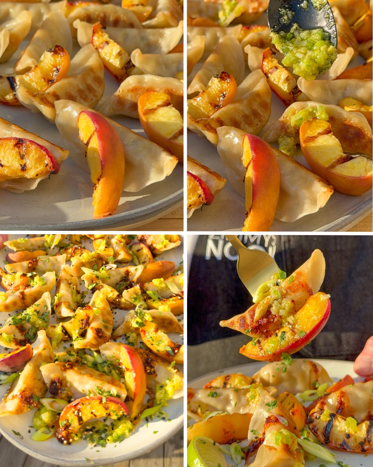 Arrange the warm, crispy potstickers on a wide serving platter. Nestle the charred peach wedges evenly between the potstickers. Spoon the ginger scallion oil liberally over both the dumplings and peaches. Drizzle with chili crisp.
Garnish with toasted sesame seeds, fresh cilantro leaves, and sliced scallions. Serve immediately with fresh lime wedges on the side.