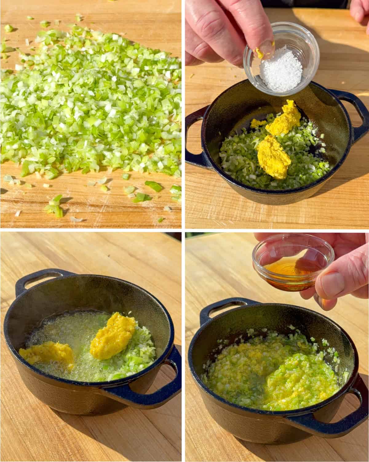 Steps for making ginger-scallion oil. Chop the scallions finely, add them to a heat-proof bowl with the other ingredients, then pour over the hot oil, mix, then add the toasted sesame oil.