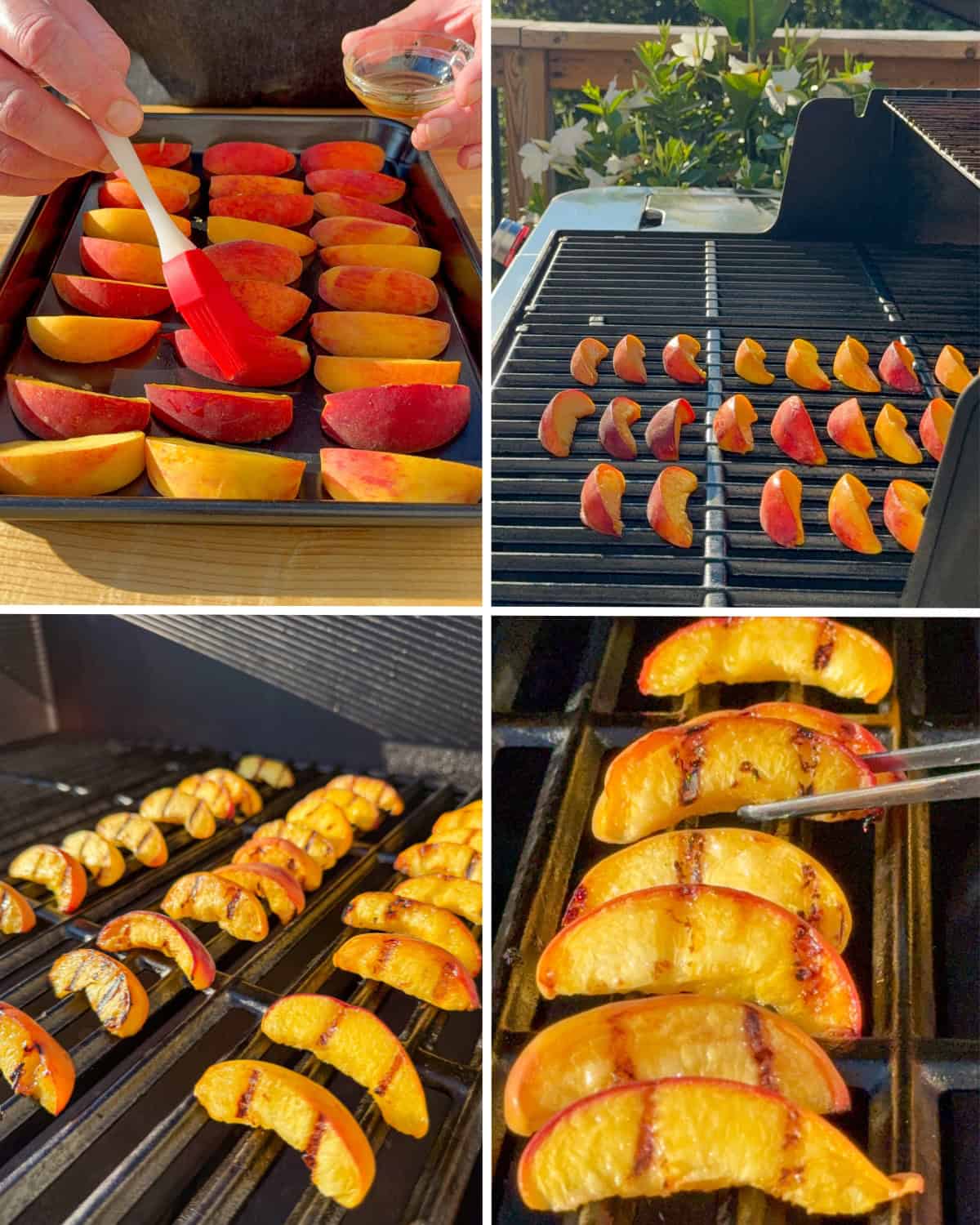 Steps on how to char or the peaches for this appetizer. Brush each peach wedge with olive oil, then place on the grill until they soften and have grill marks.