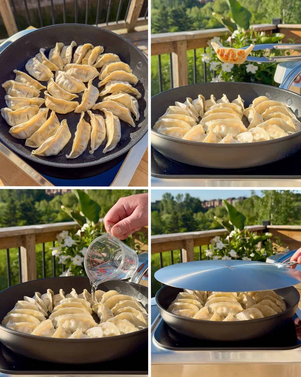 Steps on how to pan-fry potstickers. Place the potstickers in the pan, flat side down. When the bottoms brown, add water to steam and place a lid over top until the water has evaporated.