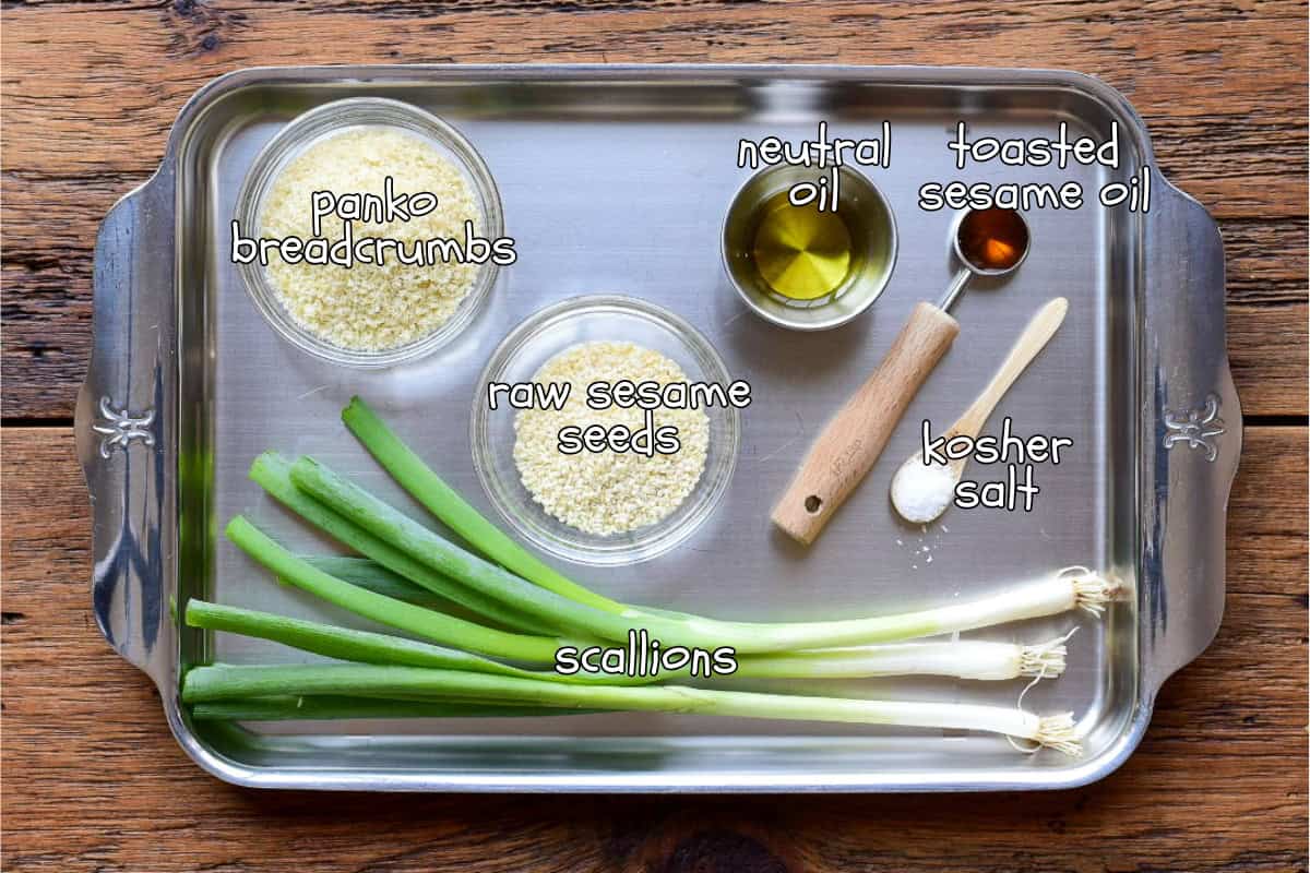 Ingredients for a scallion sesame crunch recipe.