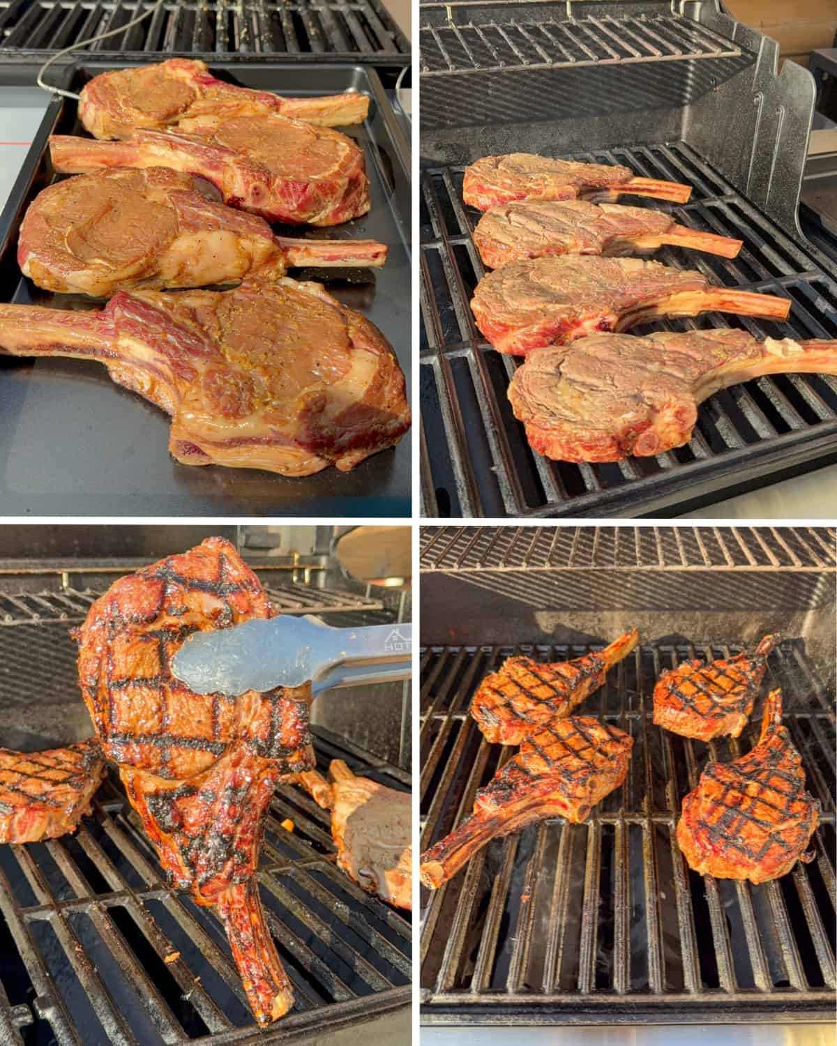 Place the veal rib chops over high heat to get a sear. Turn on all sides to get diamond-shaped grill marks.
