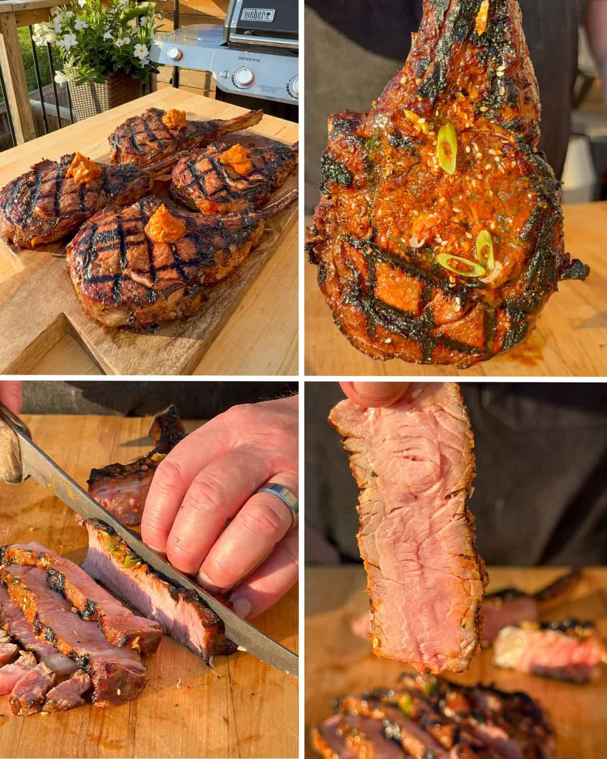 Four grilled veal rib chops with grill marks and a dollop of gochujang butter. A close-up of one of the chops, a close-up of slicing and a sliced piece of meat.