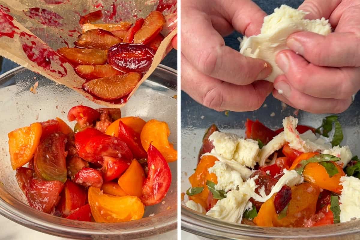 In the bowl with the tomatoes, add the roasted blue plums and the juices, half of the torn basil, and two-thirds of the torn mozzarella.