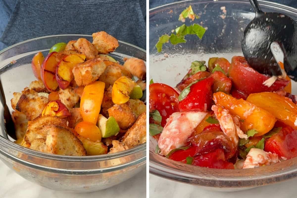 Let the bowls of the sourdough and tomatoes sit before assembling the stone fruit panzanella.