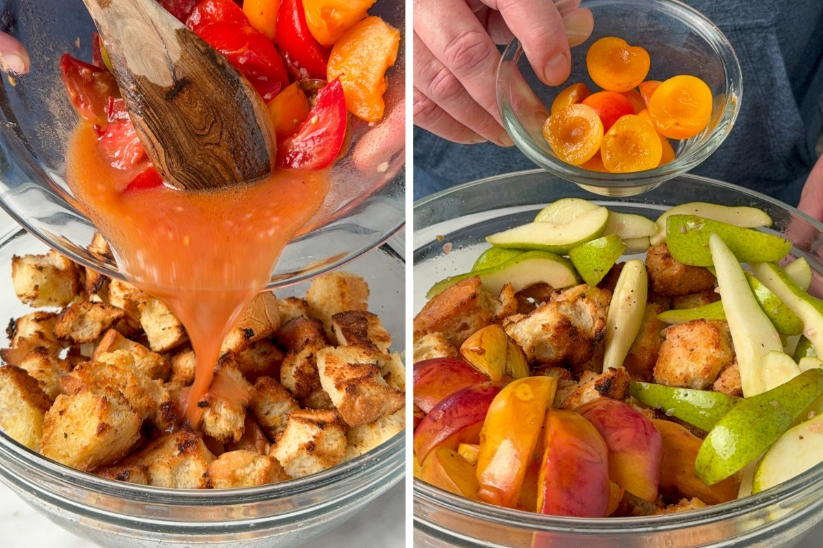 Pour the accumulated tomato juices over the grilled sourdough in a large bowl and toss gently. Add two-thirds of the grilled peaches, the raw pear slices and the yellow plums, Gently toss.
