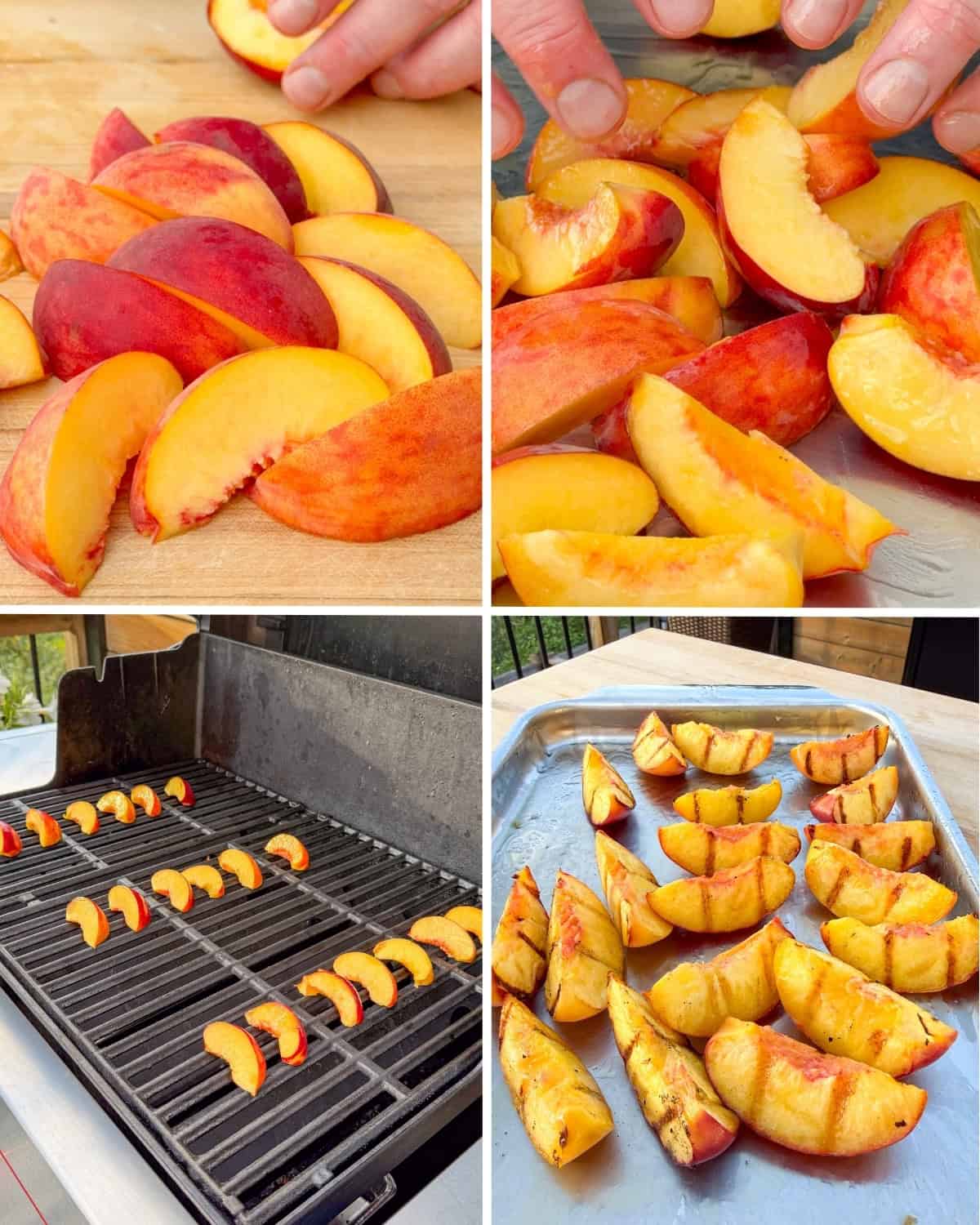 Slice the peaches, toss them with oil, then grill to caramelize. When the peaches have grill marks, place them on a sheet pan.