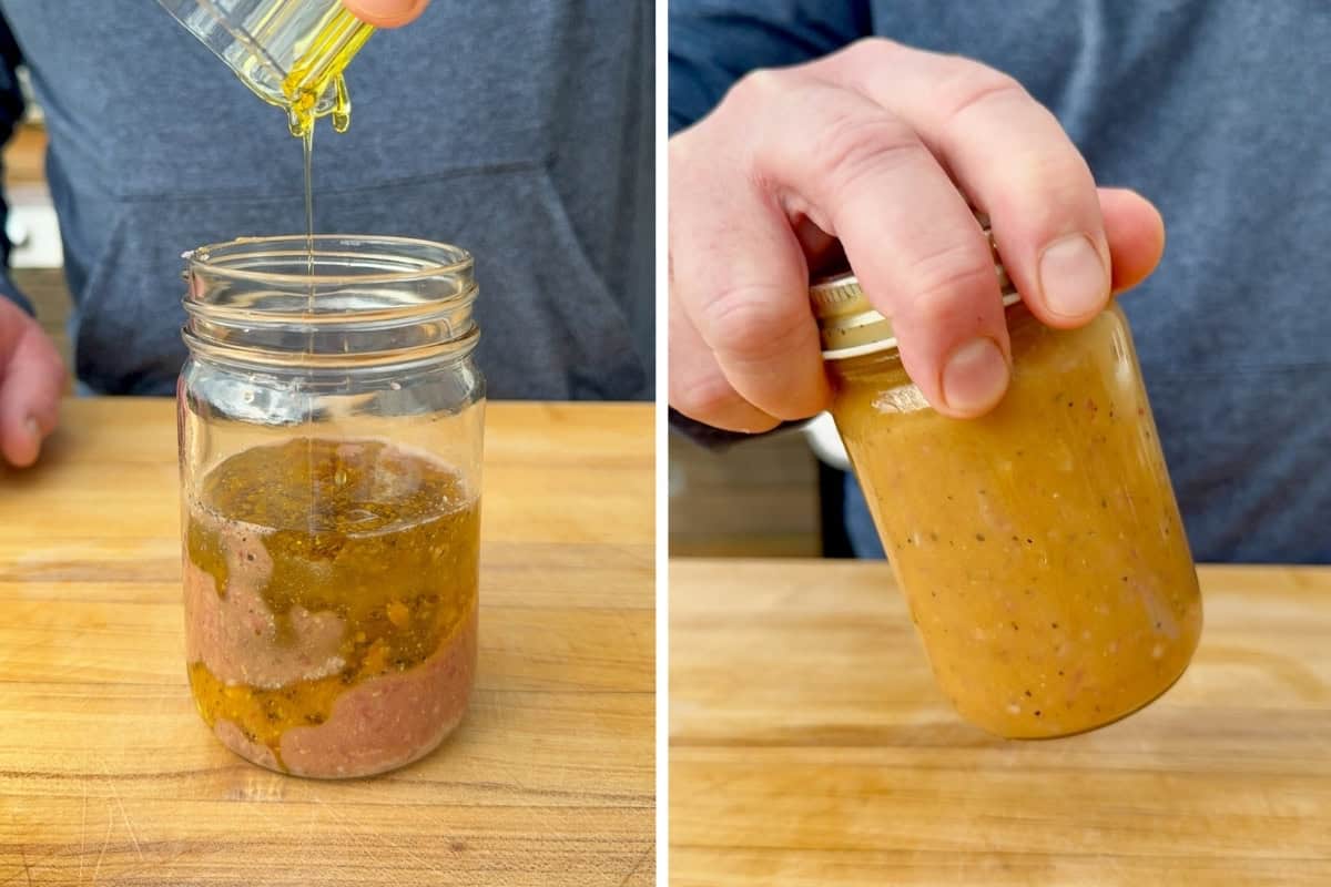 Make the stone fruit panzanella dressing in a jar and shake.