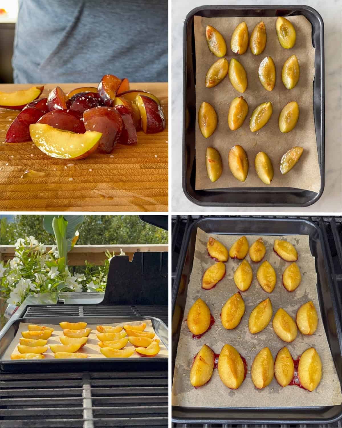 Slice the blue plums, toss with olive oil and salt. Place the slices skin side down on a parchment-lined sheet pan. Place on the grill to roast.