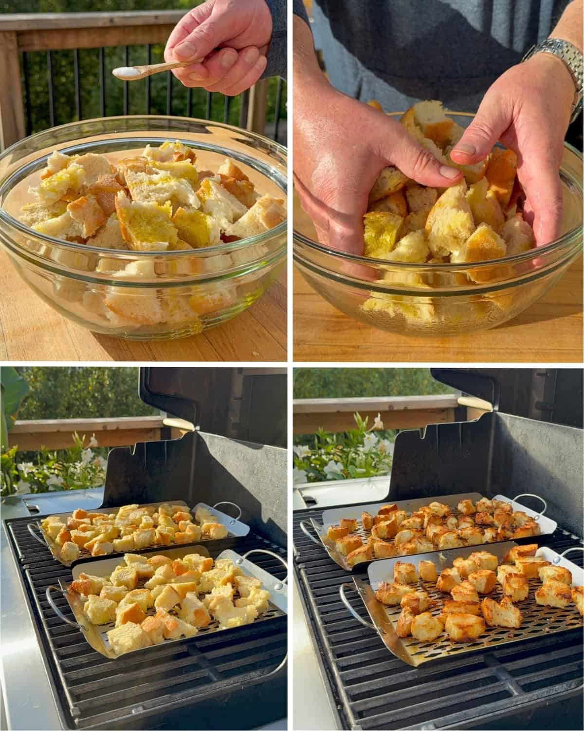 Rip the sourdough into pieces and toss with olive oil and salt. Place the sourdough pieces in grill baskets to toast on the grill.