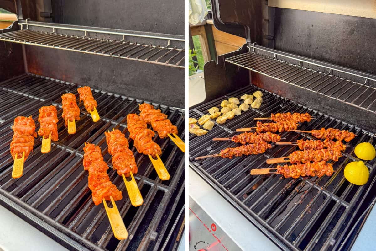 Grill the Mediterranean chicken skewers first, then add the artichokes and lemon halves.